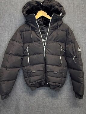 Supply & Demand Men's Black Fur Lined Puffer Jacket Hooded Heavy Winter Coat